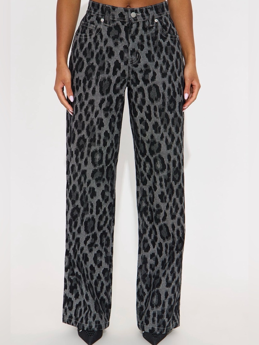 Women's Wide-Leg Leopard Print Pants - Black/Grey